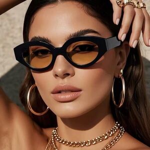 Women’s Oval Cat Eye Sunglasses Black Frame Amber Lens UV400 Trendy 2026